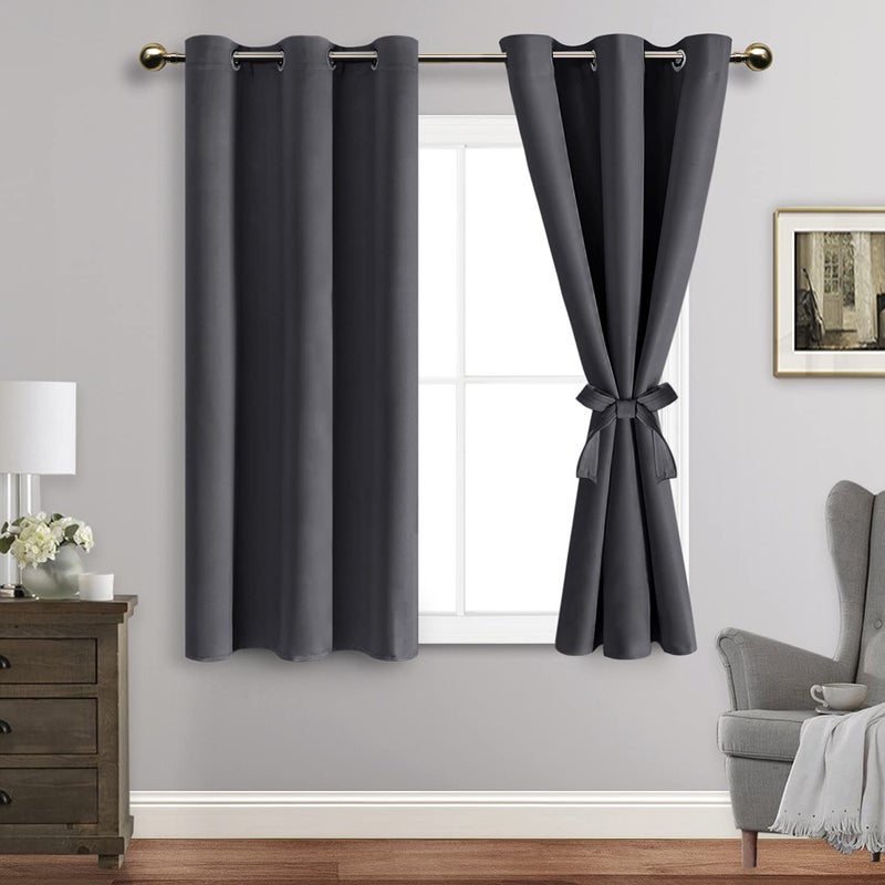 JIUZHEN Blackout Curtains with Tiebacks  Thermal Insulated Light Blocking and Noise Reducing Grommet Curtain Drapes for Bedroom and Living Room Set of 2 Panels 42 x 54 Inch Length Dark Grey