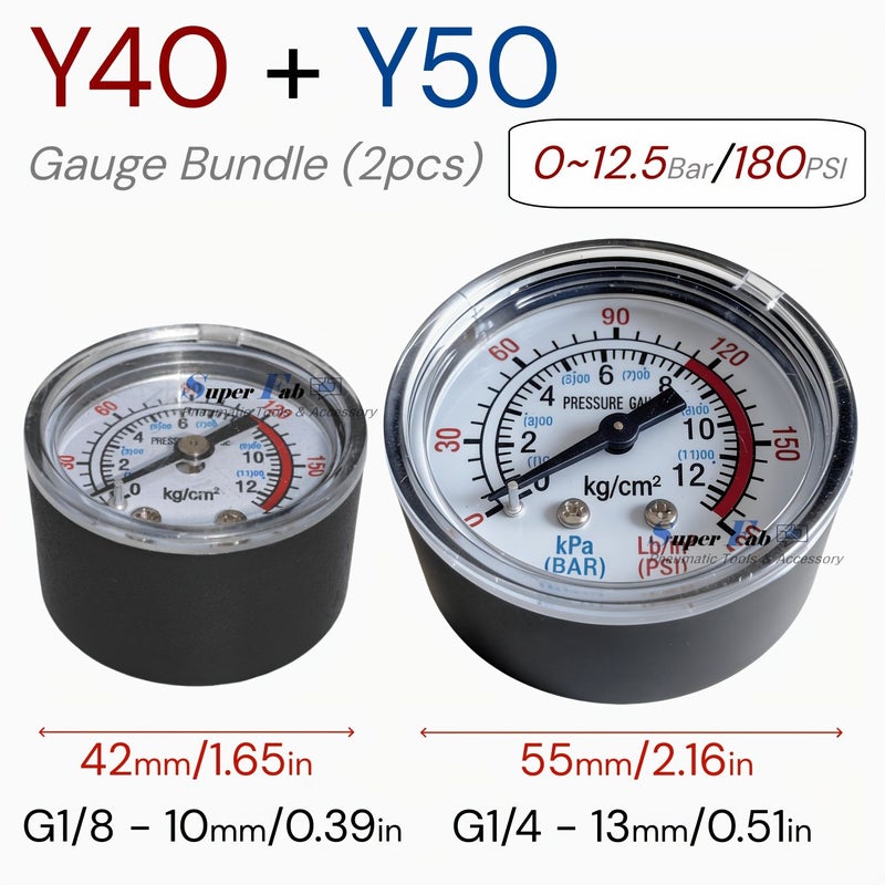Pressure Gauge Mixed Bundle 2pcs Y40 Y50 Plastic Air Compressor Meter G1 8 G1 4 Thread Dual Scale 12.5Bar 180PSI - Image 3