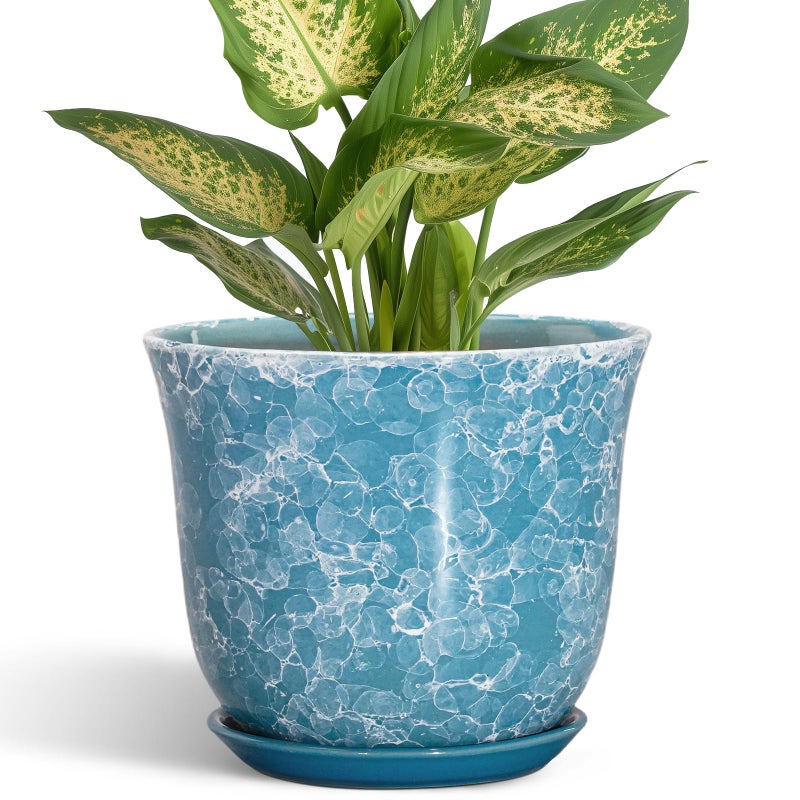 SUNPOTFOR Ceramic Pots for Plants - 5.6 Inch Plant Pot with Drainage Hole and Saucer, Round Succulent Flower Orchid Pot for Indoor Outdoor, Modern Planter, Home Room Decor, Gift for Plant Lover, Blue - Image 1