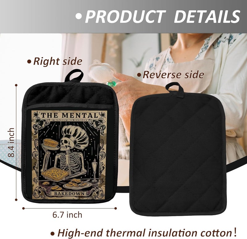 YeiHe Gothic Skeleton Pot Holders with Pockets, Funny Baking Gifts Pot Holders Heat Resistant Oven Mitts Hot Pads for Kitchen Baking Cooking,Potholders for Kitchens - Image 2