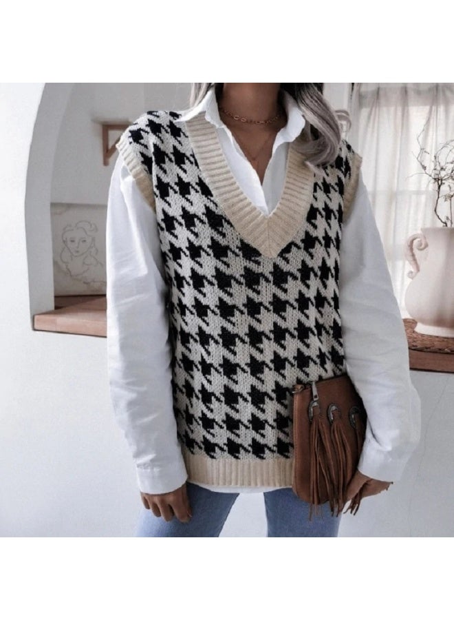 NIBEMINENT Autumn and Winter  Women's Fashion Elegant Retro Plaid Vest Temperament V-neck College Wind Casual Sweater Vest Lady - Image 1