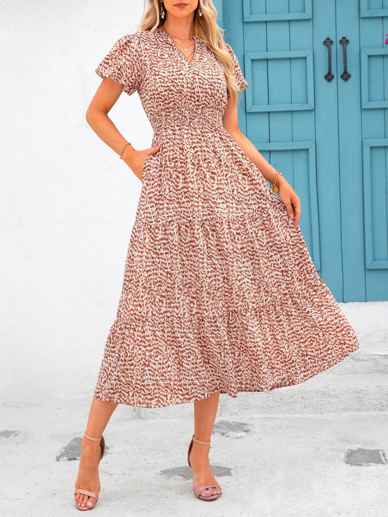 MASCOMODA Summer Maxi Dresses for Women 2025 Casual V Neck Puff Short Sleeve Smocked Flowy Beach Boho Long Floral Dress(Floral Orange,Large) - Image 5