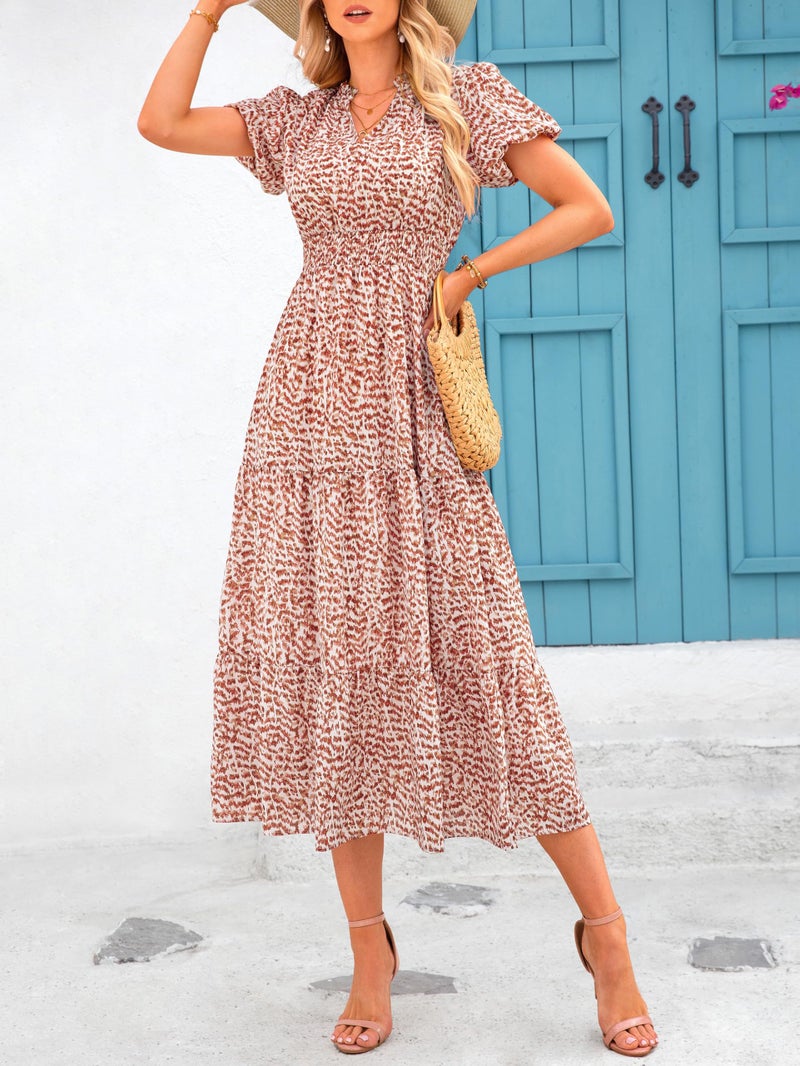 MASCOMODA Summer Maxi Dresses for Women 2025 Casual V Neck Puff Short Sleeve Smocked Flowy Beach Boho Long Floral Dress(Floral Orange,Large) - Image 2