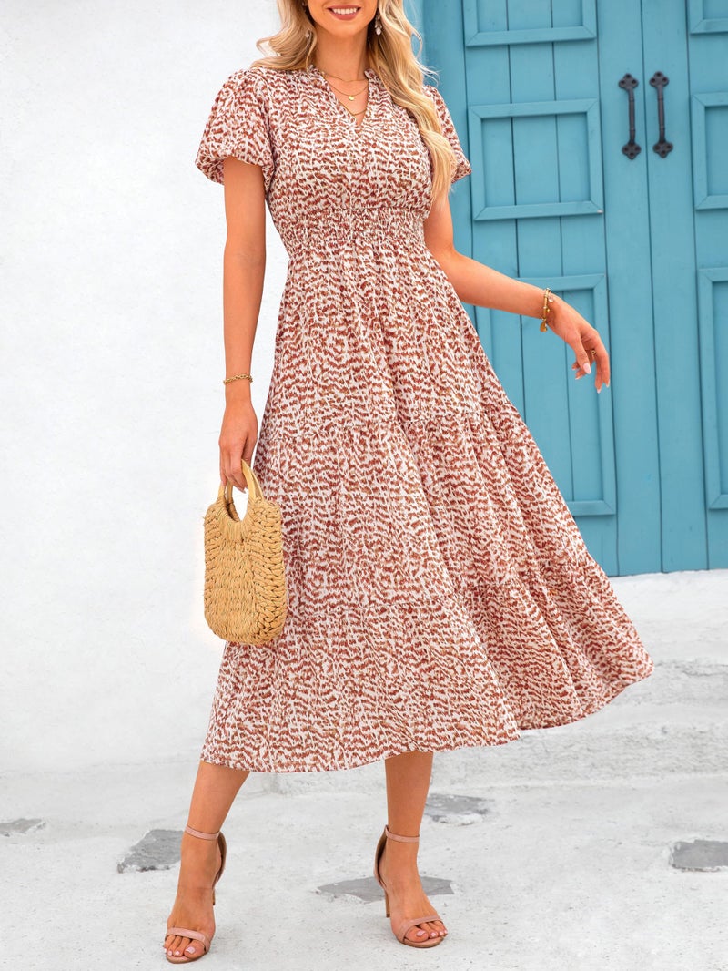 MASCOMODA Summer Maxi Dresses for Women 2025 Casual V Neck Puff Short Sleeve Smocked Flowy Beach Boho Long Floral Dress(Floral Orange,Large) - Image 3