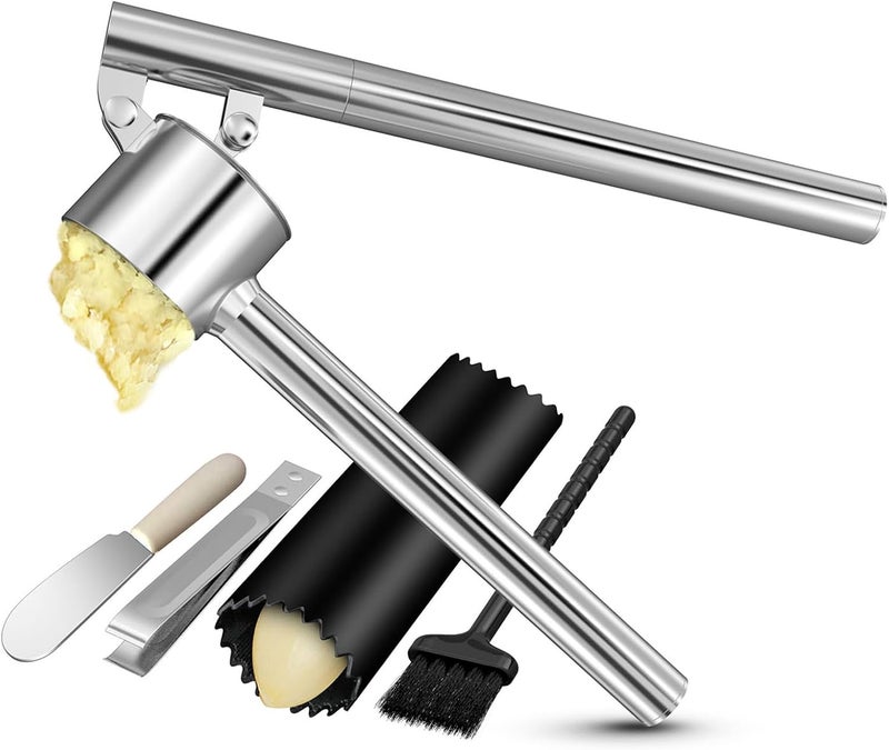 BMCASEQP 5-in-1 Stainless Steel Garlic Press Set with Jumbo Chamber & Mincer - Heavy Duty Rustproof Garlic Crusher with Ergonomic Handle, Dishwasher Safe, Easy Squeeze Design for Ginger, Nuts, Herbs - Image 1