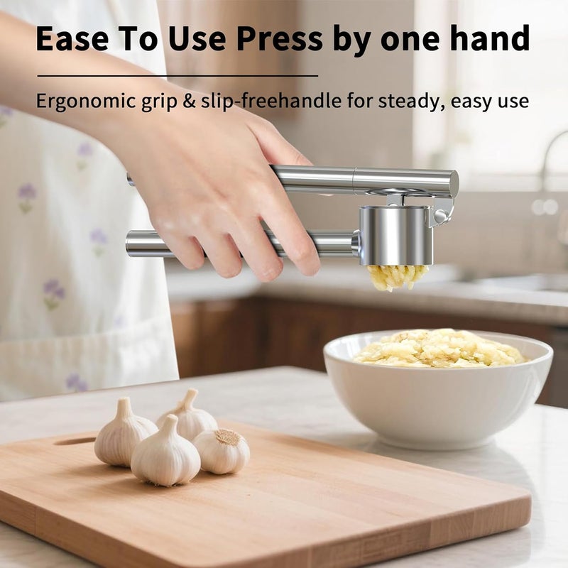 BMCASEQP 5-in-1 Stainless Steel Garlic Press Set with Jumbo Chamber & Mincer - Heavy Duty Rustproof Garlic Crusher with Ergonomic Handle, Dishwasher Safe, Easy Squeeze Design for Ginger, Nuts, Herbs - Image 5