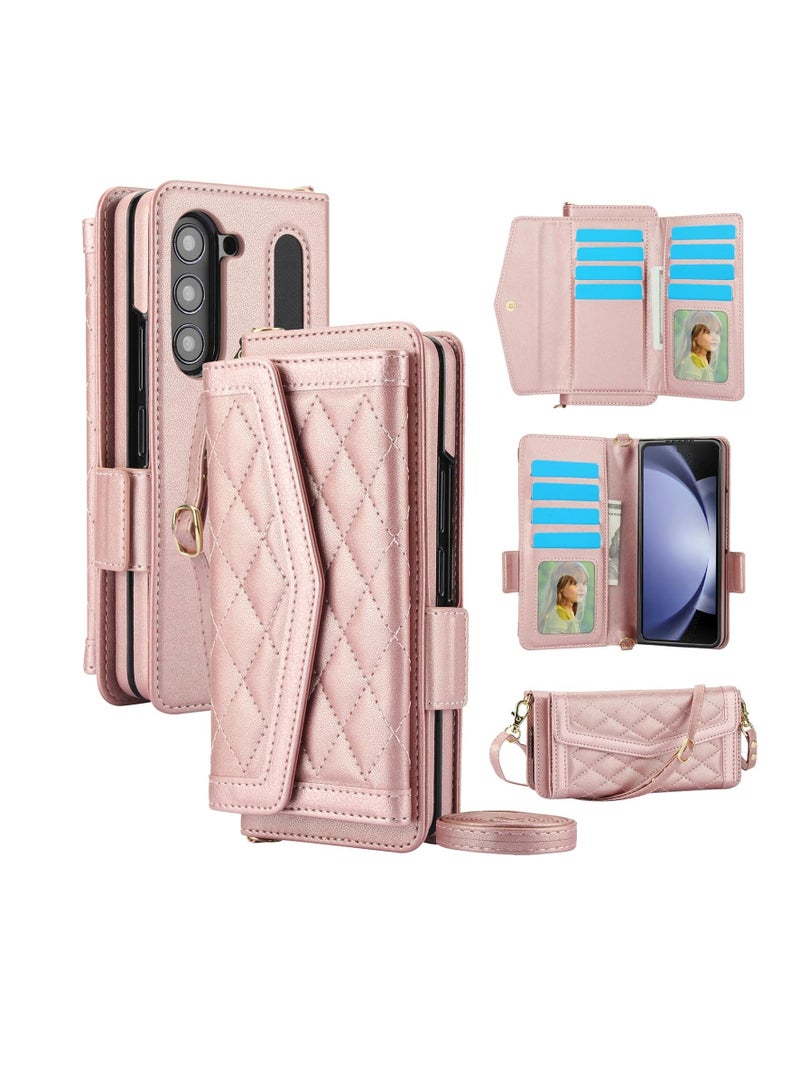 general Wallet Case for Samsung Galaxy Z Fold 6, Leather Wallet Case [RFID Blocking] [Pen Slot] Wrist Strap Shoulder Strap Stand Full Body Protective Case, (Pink) - Image 1