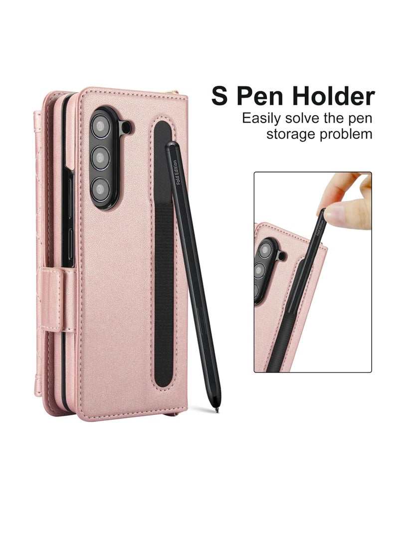 general Wallet Case for Samsung Galaxy Z Fold 6, Leather Wallet Case [RFID Blocking] [Pen Slot] Wrist Strap Shoulder Strap Stand Full Body Protective Case, (Pink) - Image 2