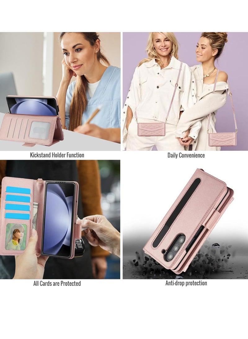 general Wallet Case for Samsung Galaxy Z Fold 6, Leather Wallet Case [RFID Blocking] [Pen Slot] Wrist Strap Shoulder Strap Stand Full Body Protective Case, (Pink) - Image 3
