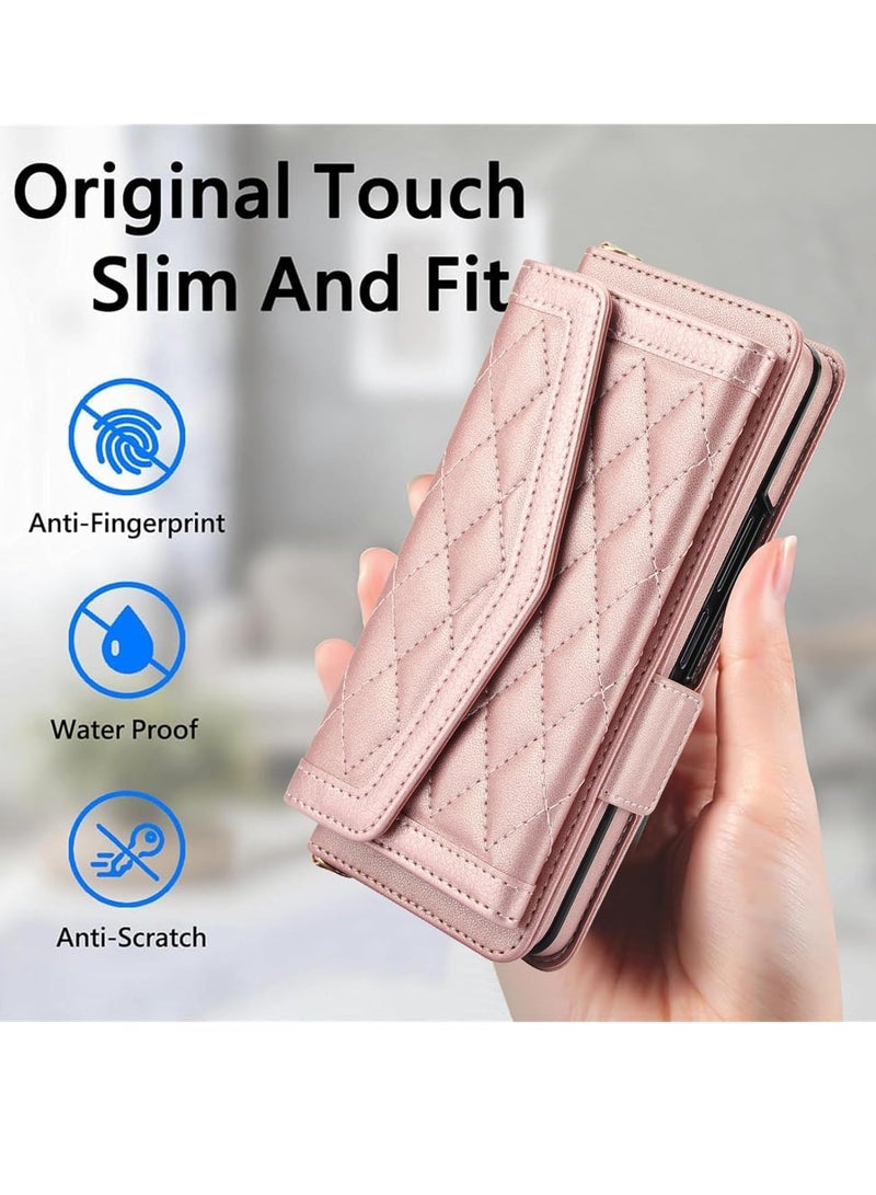 general Wallet Case for Samsung Galaxy Z Fold 6, Leather Wallet Case [RFID Blocking] [Pen Slot] Wrist Strap Shoulder Strap Stand Full Body Protective Case, (Pink) - Image 4