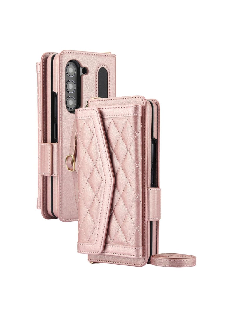 general Wallet Case for Samsung Galaxy Z Fold 6, Leather Wallet Case [RFID Blocking] [Pen Slot] Wrist Strap Shoulder Strap Stand Full Body Protective Case, (Pink) - Image 5