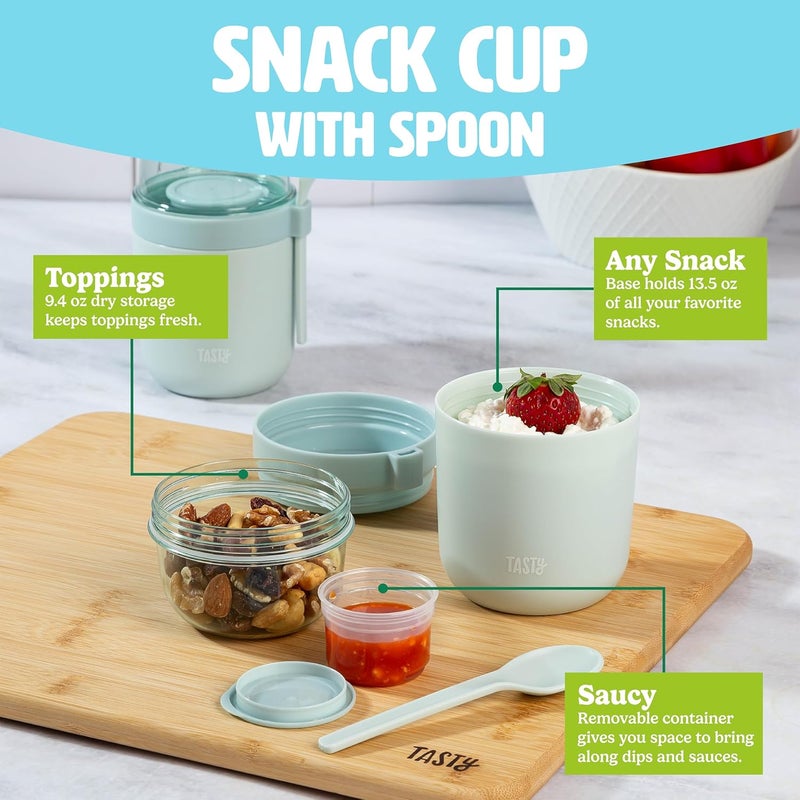 Tasty Travel Snack Cups with Spoons, On-The-Go Snacking, Divided Compartments, Great for Nuts, Cereal, Granola, Yogurt and More, Made Without BPA, 2-Pack, Aqua - Image 2