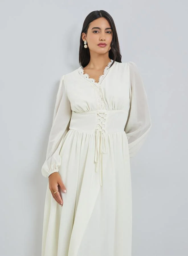 Styli Off White Tie-Up Waist Lace Neckline Midi Dress