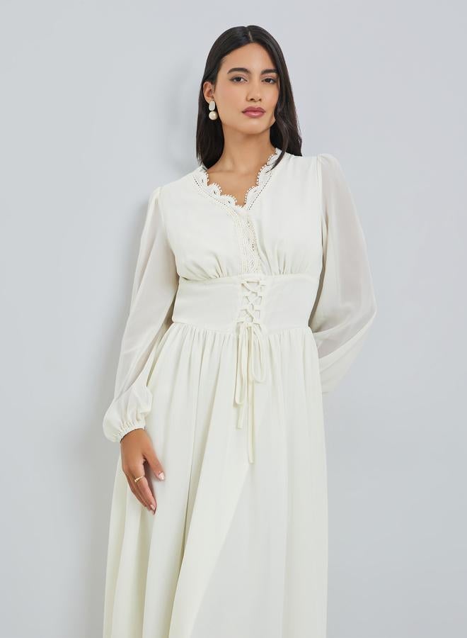 ستايلي فستان ميدي بياقة بتفاصيل دانتيل مع أربطة - Image 2