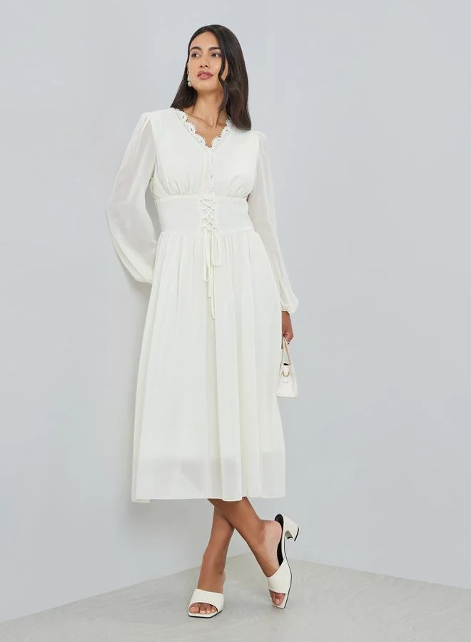 Styli Off White Tie-Up Waist Lace Neckline Midi Dress
