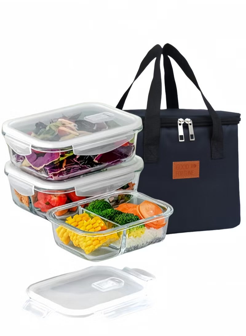 YUFAN 3 Piece Large Capacity Microwave Heating High Borosilicate Food Grade Glass Lunch Boxes Glass Bowls Sealed Crisper Box ,Lunch Boxes Office,Lunch Boxes School,1040ml, 1040ml, 640ml with Insulation Bag - Image 1