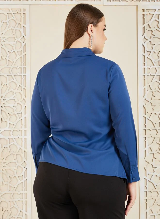Styli Plus Asymmetric Hem Wrap Button Closure Collared Top