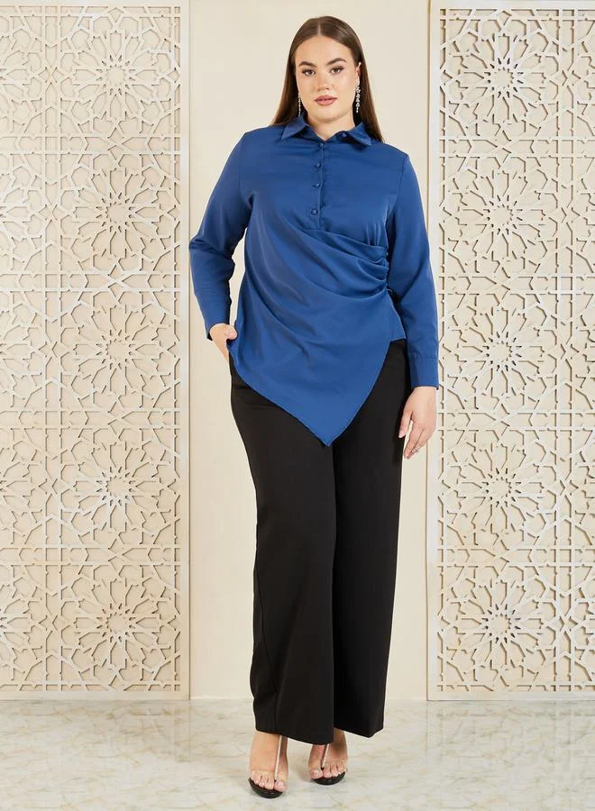 Styli Plus Asymmetric Hem Wrap Button Closure Collared Top