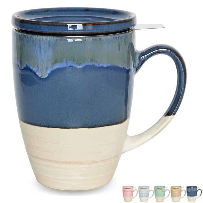 CERAMIC TEA CUP WITH INFUSER AND LID 135 OZ 5 COLORS TO CHOOSE DISHWASHER AND MICROWAVE SAFE REACTIVE GLAZE STEEPING TEA MUG WITH STRAINER DEEP BLUE
