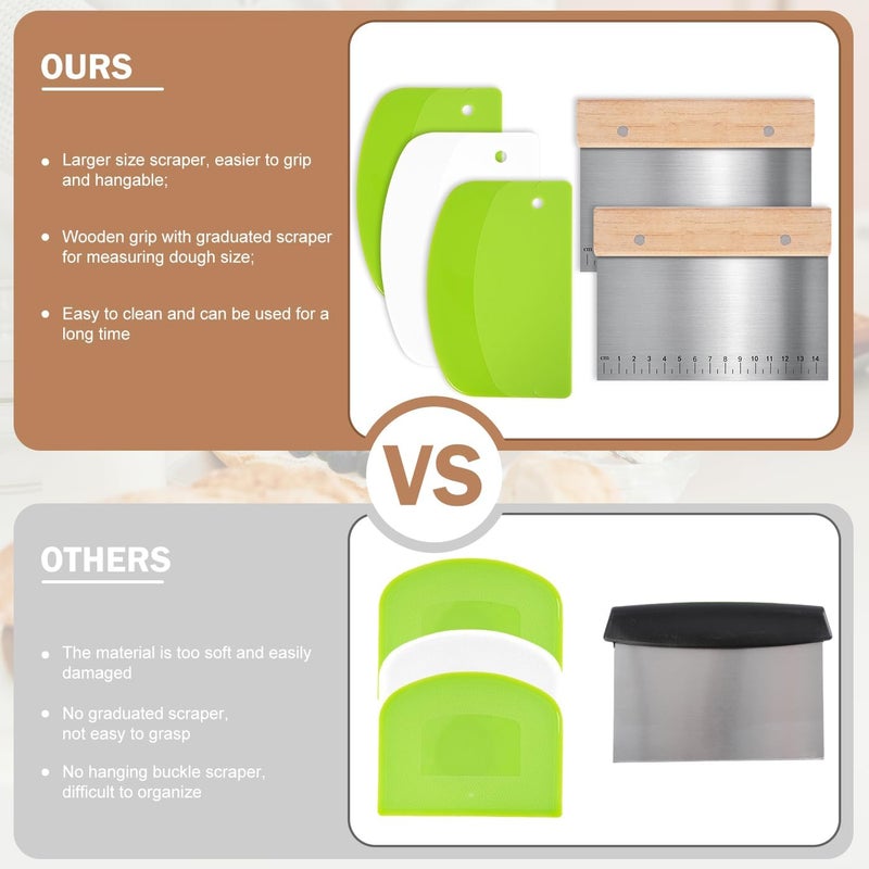 MoHern 5 Pcs Bench Scraper, Bench scraper kitchen 2 Pcs Stainless Steel Dough Scraper with Wood Handle and 3 Pcs PP Food Scraper with Hanging Hole, Multipurpose Bread Dough Cutter for Baking - Image 5