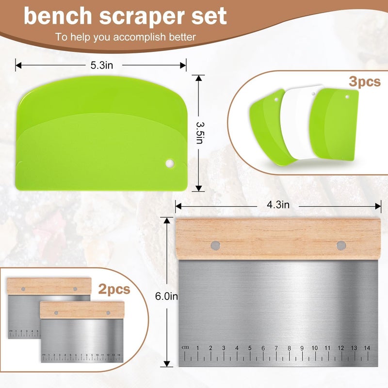 MoHern 5 Pcs Bench Scraper, Bench scraper kitchen 2 Pcs Stainless Steel Dough Scraper with Wood Handle and 3 Pcs PP Food Scraper with Hanging Hole, Multipurpose Bread Dough Cutter for Baking - Image 2