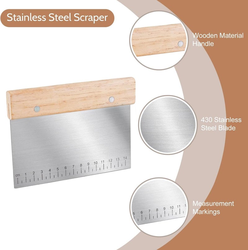 MoHern 5 Pcs Bench Scraper, Bench scraper kitchen 2 Pcs Stainless Steel Dough Scraper with Wood Handle and 3 Pcs PP Food Scraper with Hanging Hole, Multipurpose Bread Dough Cutter for Baking - Image 3