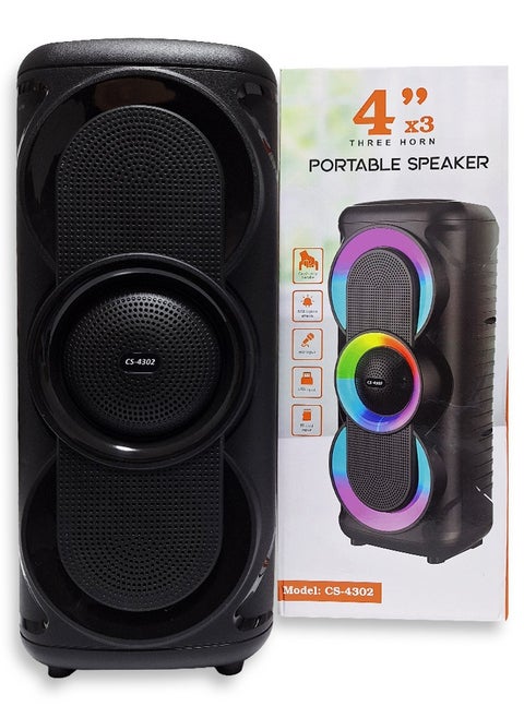 Three 4" portable charging speakers With fixed carry handle , RGB lighting effects , mic input , Model CS-4302 , USB input , TF card input