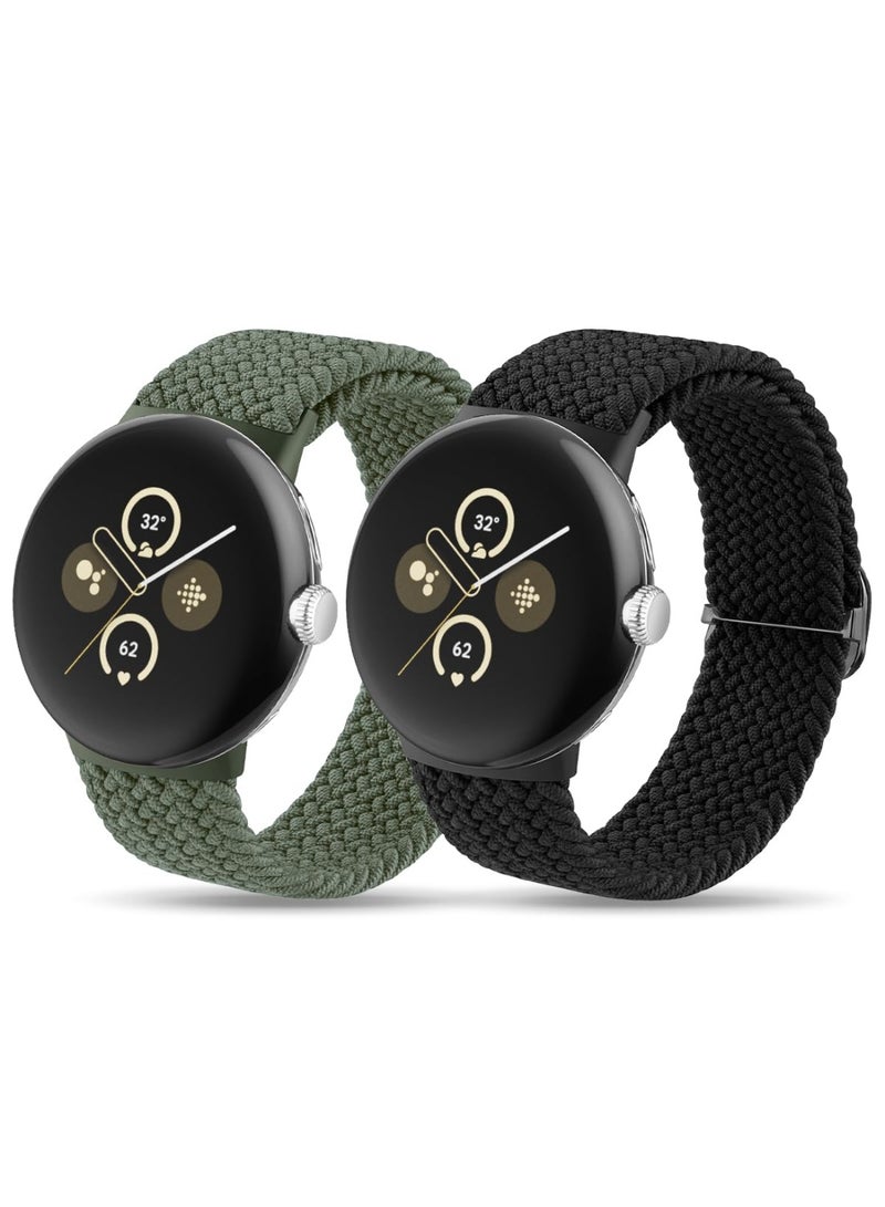 2 Pack Nylon Braided Watch Bands Compatible with Google Pixel Watch 41mm, Pixel Watch 2, Pixel Watch 1 - Adjustable Stretchy Sport Strap for Men Women (Green & Black) - Image 1