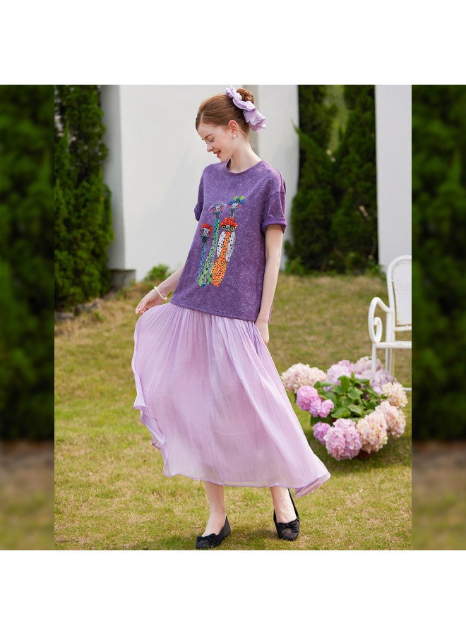 D Beaded Print Short Sleeve】2025 Summer New Fashion Casual Printed Stretch Women's T-shirt - Image 4