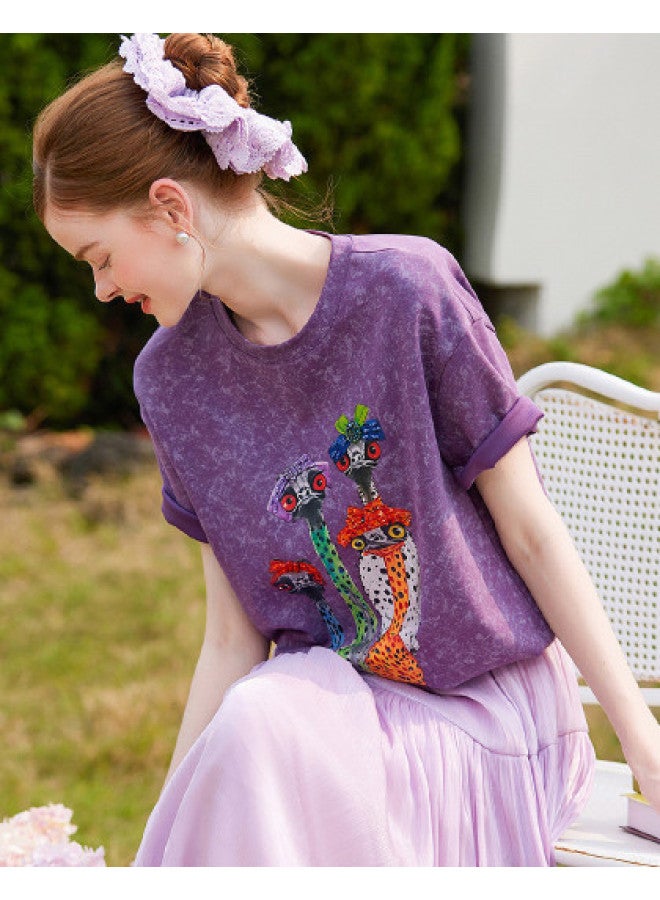 D Beaded Print Short Sleeve】2025 Summer New Fashion Casual Printed Stretch Women's T-shirt - Image 1