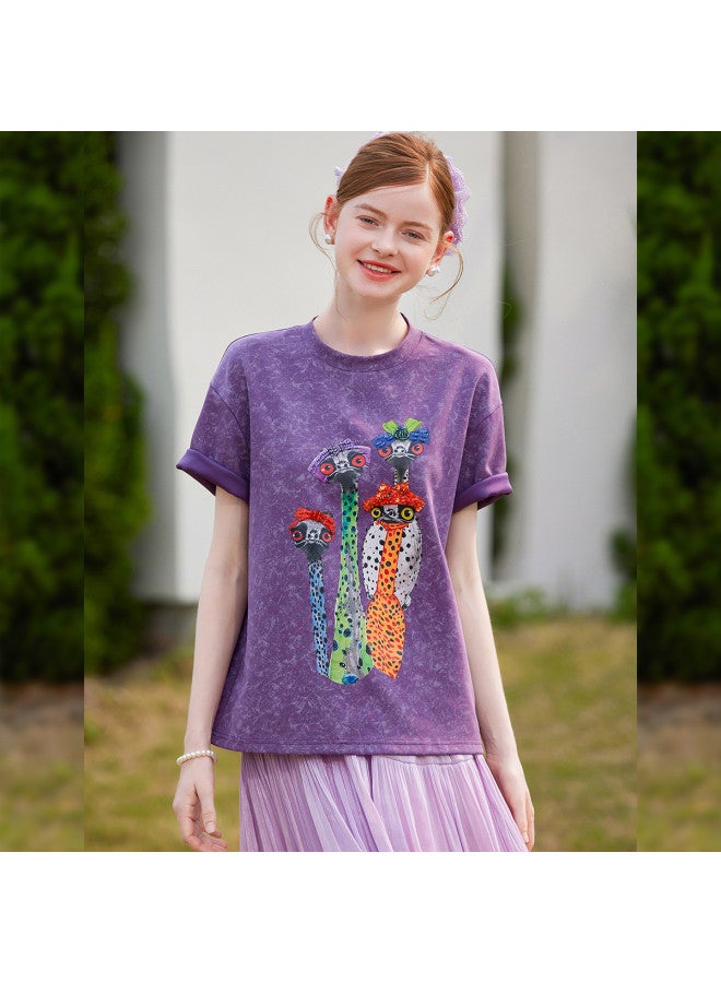 D Beaded Print Short Sleeve】2025 Summer New Fashion Casual Printed Stretch Women's T-shirt - Image 3