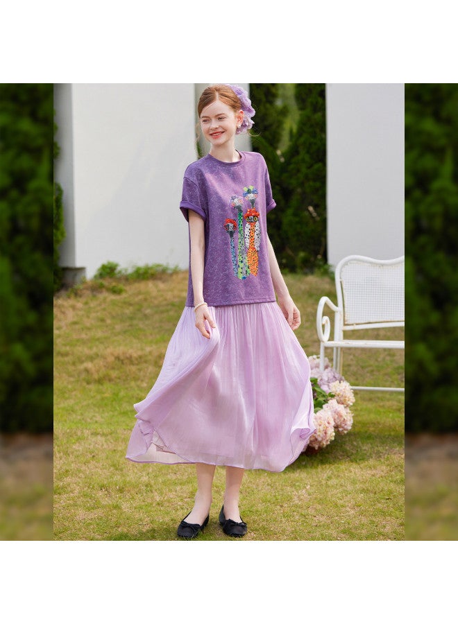 D Beaded Print Short Sleeve】2025 Summer New Fashion Casual Printed Stretch Women's T-shirt - Image 5