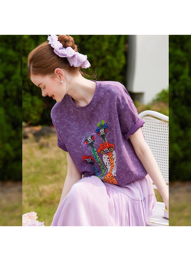 D Beaded Print Short Sleeve】2025 Summer New Fashion Casual Printed Stretch Women's T-shirt - Image 2