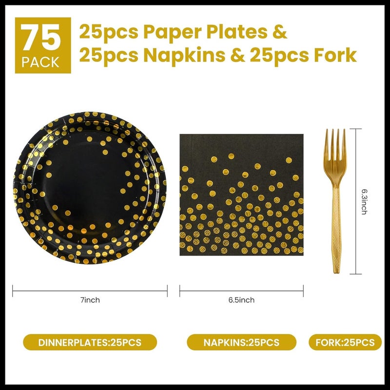 BOKFJBP 75 قطعة مجموعة أطباق من الورق ومناشف باللون الأسود والنقاط الذهبية أدوات مائدة قابلة للتصرف أطباق حلوى 7 إنش مناديل 6.5 إنش شوك بلاستيكية 6.3 إنش لأدوات المائدة لاحتفالات رأس السنة الجديدة 2025 وزينة حفلات عيد الميلاد لـ 25 ضيف (أسود 7 إنش) - Image 2