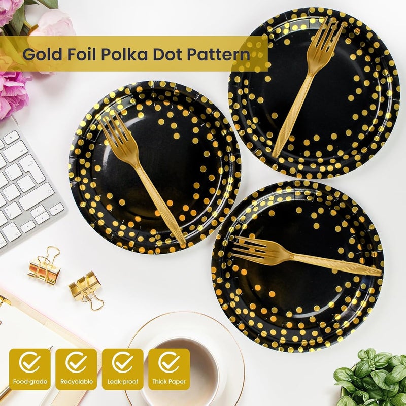 BOKFJBP 75 قطعة مجموعة أطباق من الورق ومناشف باللون الأسود والنقاط الذهبية أدوات مائدة قابلة للتصرف أطباق حلوى 7 إنش مناديل 6.5 إنش شوك بلاستيكية 6.3 إنش لأدوات المائدة لاحتفالات رأس السنة الجديدة 2025 وزينة حفلات عيد الميلاد لـ 25 ضيف (أسود 7 إنش) - Image 3
