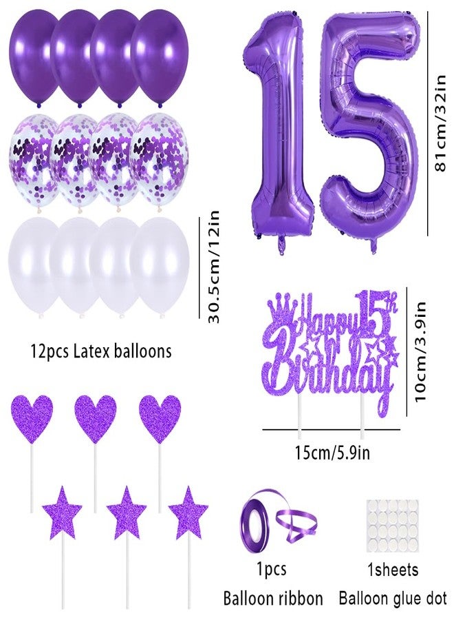 Huture 15th Birthday Princess Crown Queen Tiara Rhinestone Headbands Cake Toppers Number 15 Helium Balloons Purple Latex Balloon Decoration for Girls 15 Year Old Party Supplies - Image 3