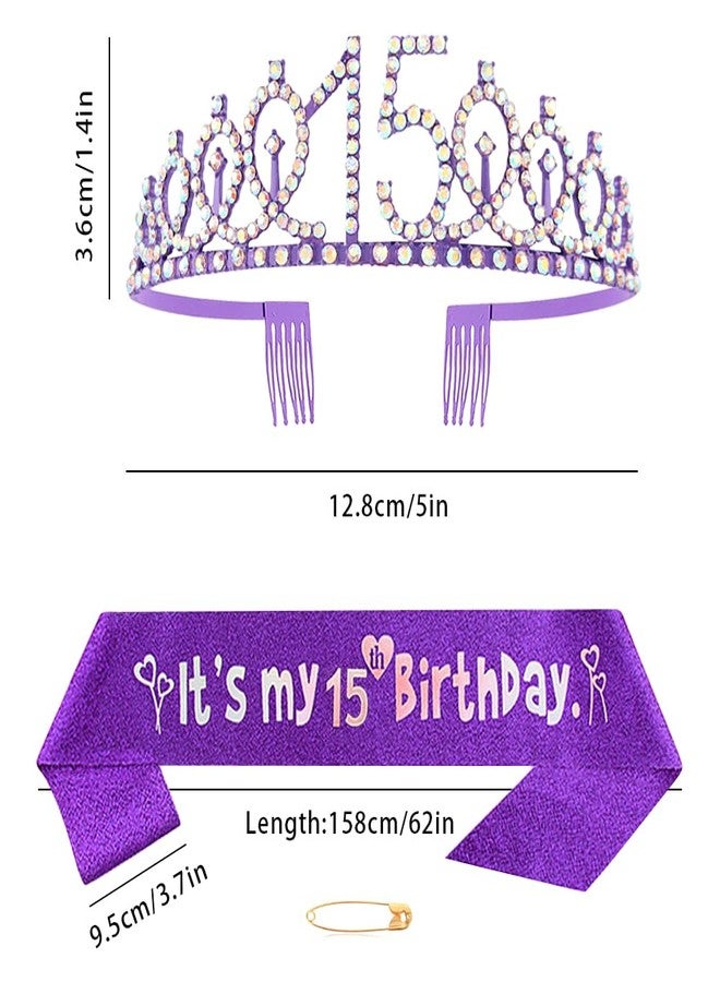 Huture 15th Birthday Princess Crown Queen Tiara Rhinestone Headbands Cake Toppers Number 15 Helium Balloons Purple Latex Balloon Decoration for Girls 15 Year Old Party Supplies - Image 2