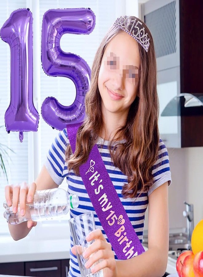 Huture 15th Birthday Princess Crown Queen Tiara Rhinestone Headbands Cake Toppers Number 15 Helium Balloons Purple Latex Balloon Decoration for Girls 15 Year Old Party Supplies - Image 5