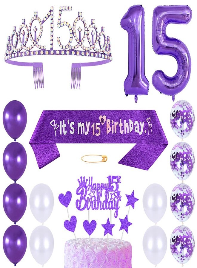 Huture 15th Birthday Princess Crown Queen Tiara Rhinestone Headbands Cake Toppers Number 15 Helium Balloons Purple Latex Balloon Decoration for Girls 15 Year Old Party Supplies - Image 1
