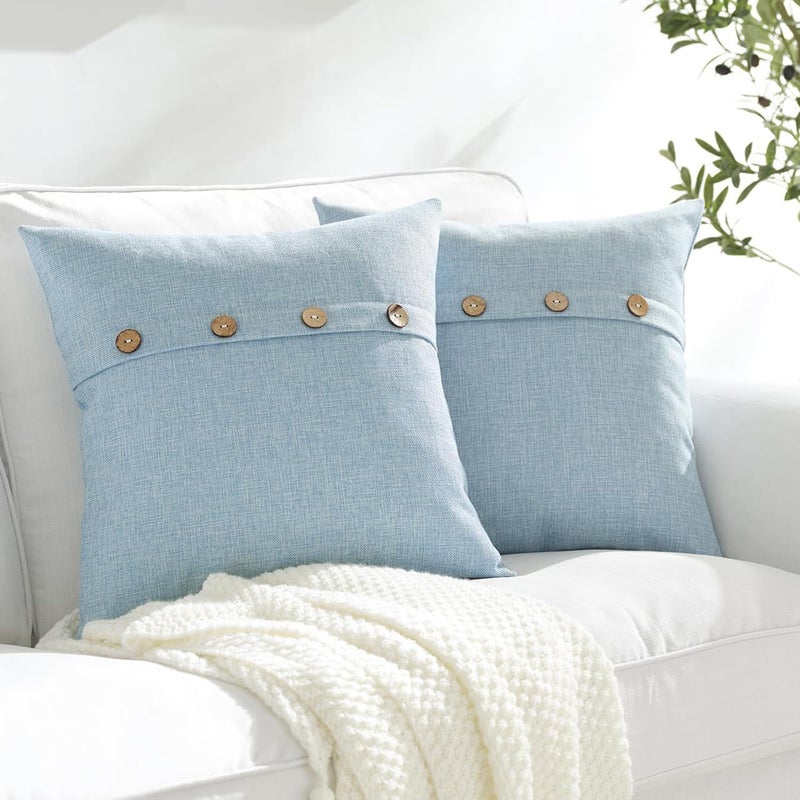 Meekio Set of 2 Light Blue Square Pillow Covers 20 x 20 Farmhouse Linen Pillow Covers with Coconut Buttons for Sofa Couch Living Room Bedroom Farmhouse Dcor for The Home Housewarming Gifts