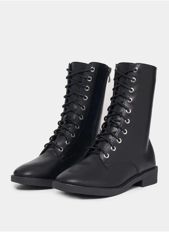 Styli Lace Up Front Boots with Side Zipper