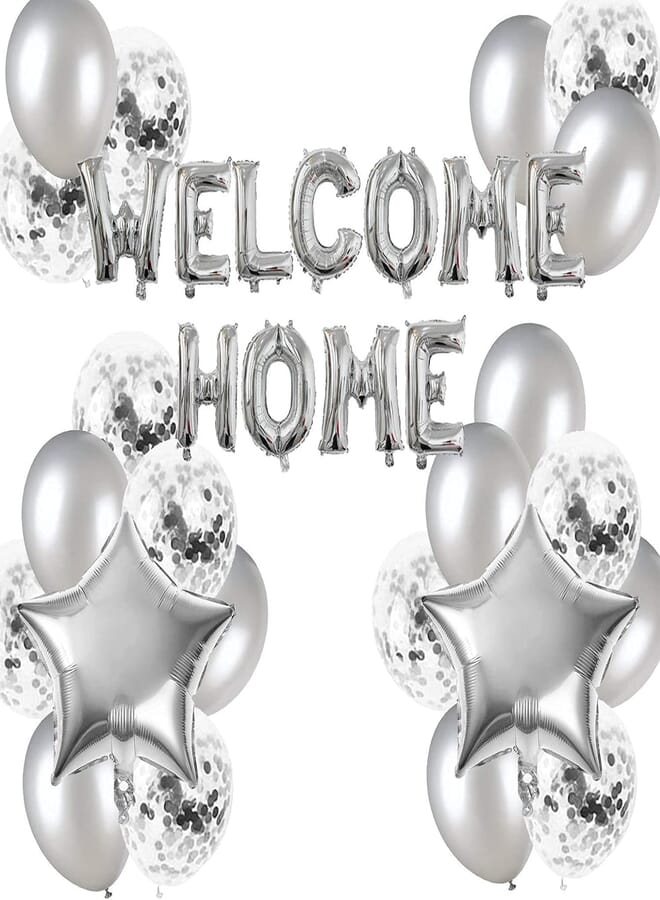 Secret Welcome Home Letter Balloon Banner with Star Sequin Balloons for Home Family Party Decorations( 24 Pack)(Metallic Silver)