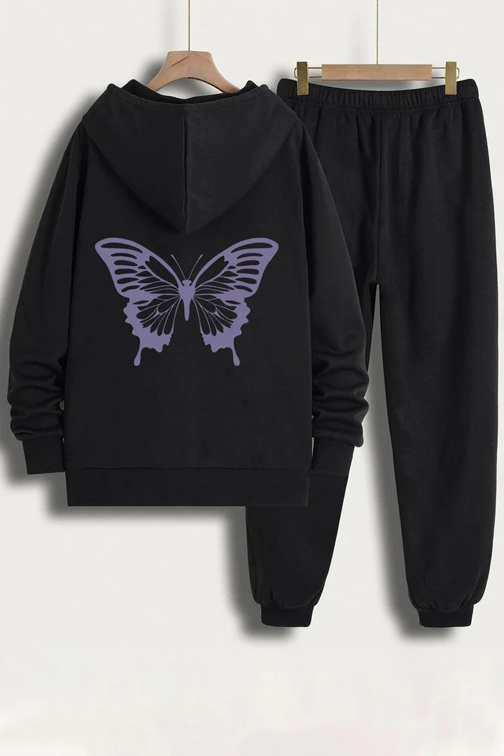 ONLYTRENDWEAR Unisex Butterfly Printed Tracksuit Set L. Black