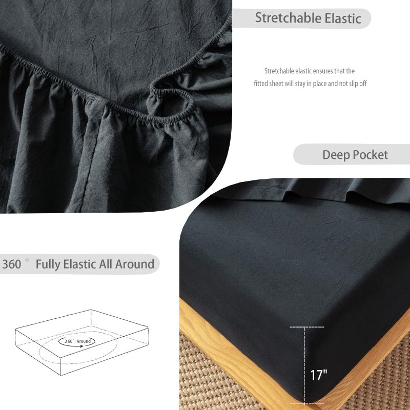 MooMee Fitted Bottom Sheet Only 100% Washed Cotton Linen Like Textured Breathable Durable Soft Comfy Deep Pocket Fits Mattress up to 17"" (Black  King) - Image 4