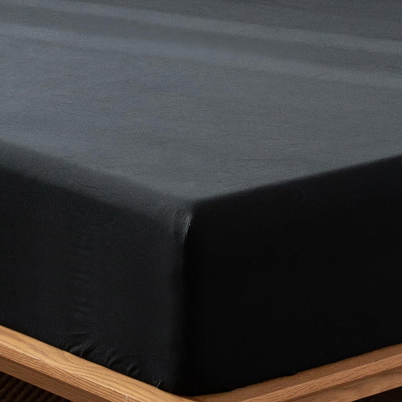 MooMee Fitted Bottom Sheet Only 100% Washed Cotton Linen Like Textured Breathable Durable Soft Comfy Deep Pocket Fits Mattress up to 17"" (Black  King) - Image 1