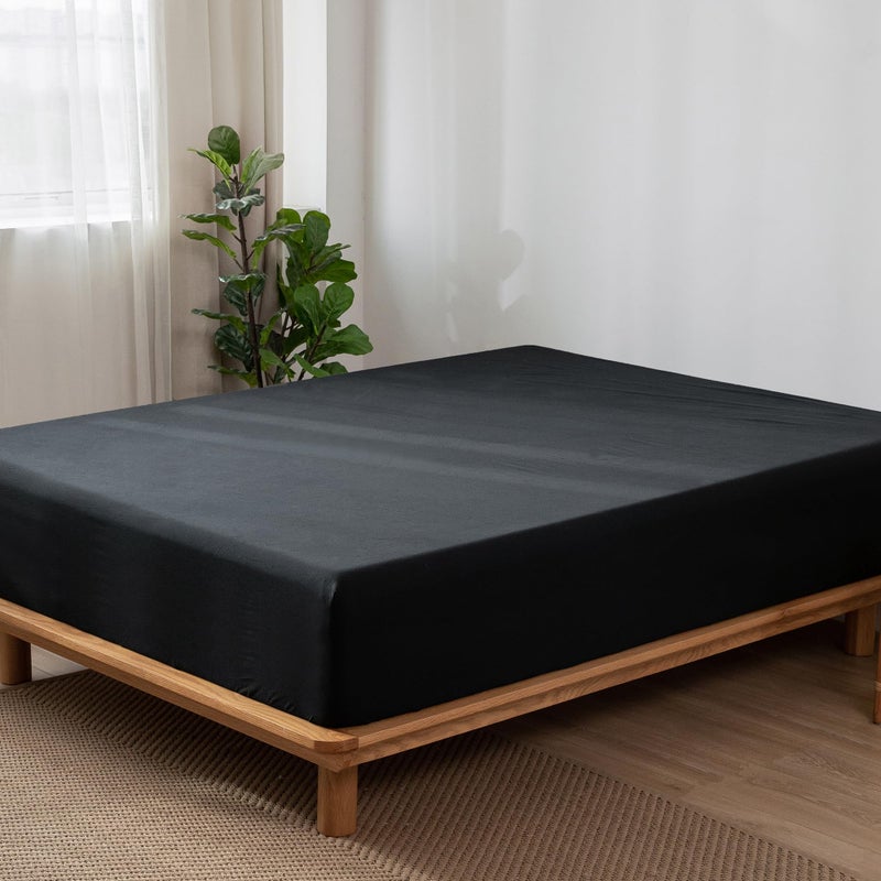 MooMee Fitted Bottom Sheet Only 100% Washed Cotton Linen Like Textured Breathable Durable Soft Comfy Deep Pocket Fits Mattress up to 17"" (Black  King) - Image 3