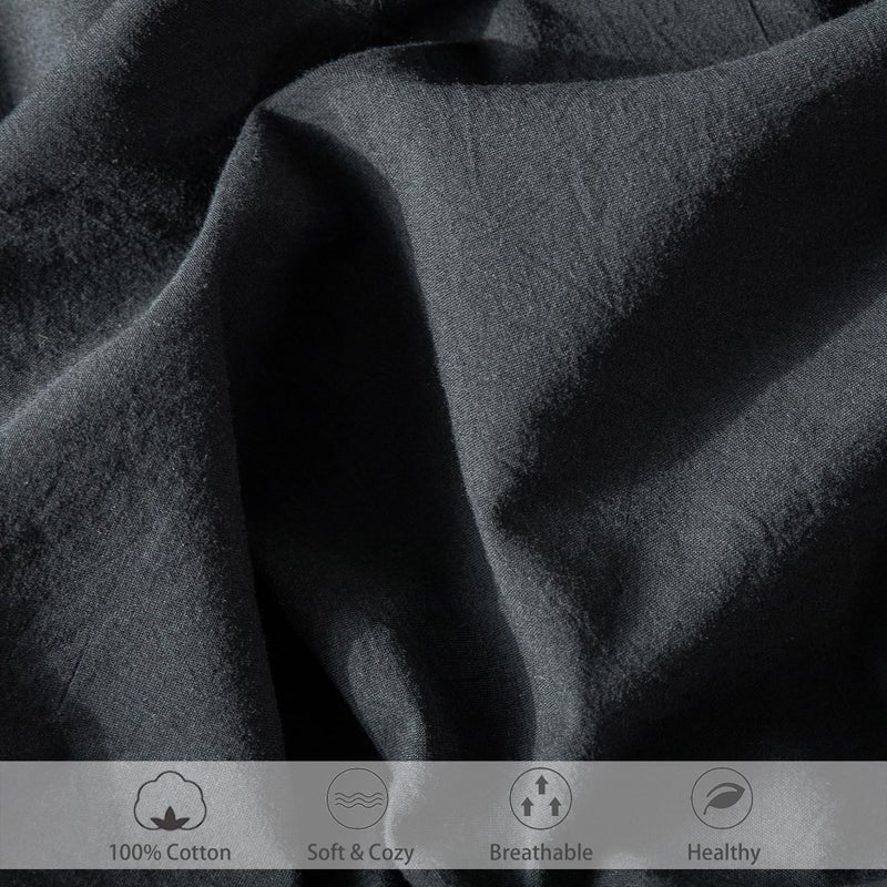 MooMee Fitted Bottom Sheet Only 100% Washed Cotton Linen Like Textured Breathable Durable Soft Comfy Deep Pocket Fits Mattress up to 17"" (Black  King) - Image 5