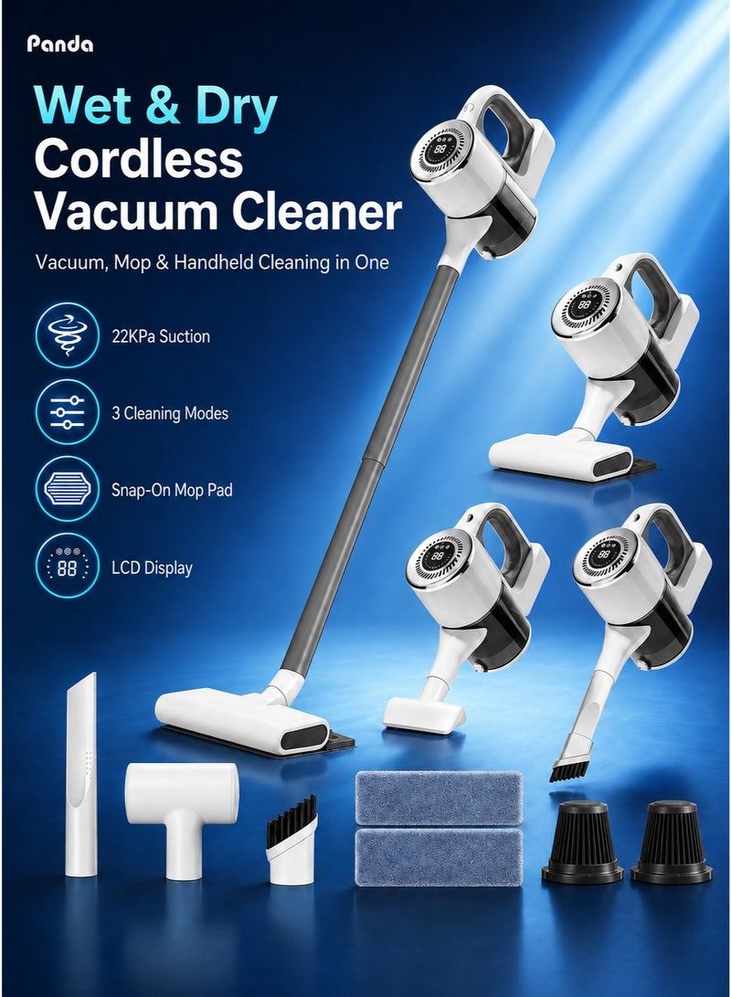 Panda Wet Dry Cordless Vacuum Cleaner, 22KPa Vacuum Mop with 2 Mopping Pad, 3 Suction Modes, LCD Display, 180°/90° Swivel Head, HEPA Filtration, Lightweight Stick Vacuum for Hard Floors & Home/Office - Image 1