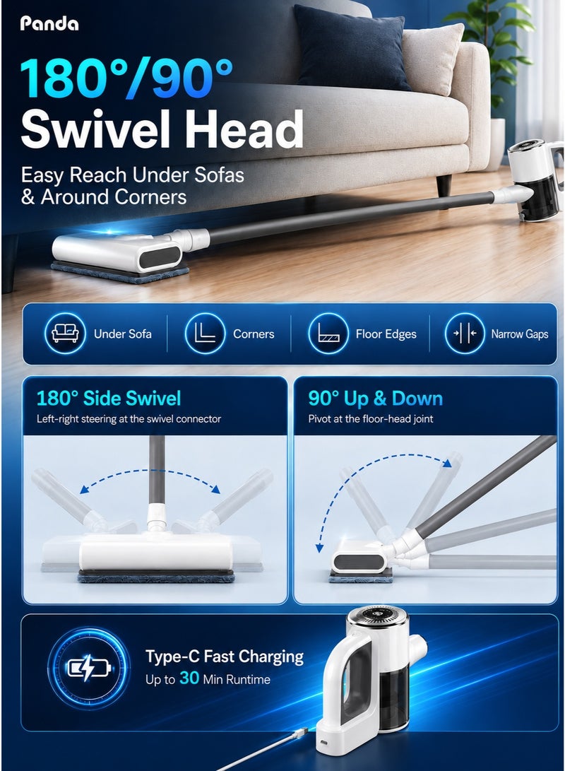 Panda Wet Dry Cordless Vacuum Cleaner, 22KPa Vacuum Mop with 2 Mopping Pad, 3 Suction Modes, LCD Display, 180°/90° Swivel Head, HEPA Filtration, Lightweight Stick Vacuum for Hard Floors & Home/Office - Image 4