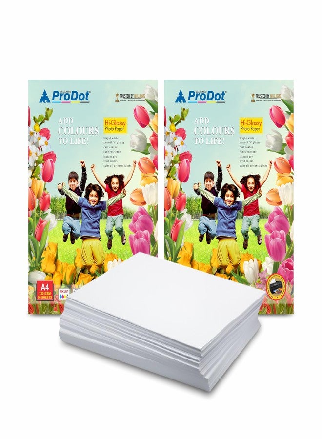 ProDot Water Proof & Instant Dry Glossy White A4 Photo Paper for Card & Picture Printing (100 Sheets, 8.3”x11.7’’each) (130GSM, 50 Sheet Pack of 02) - Image 1